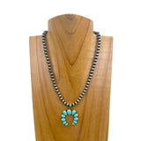 NKY241010-02-BLUE                16'' Silver Navajo pearl Beads with blue turquoise stone squash blassom pendant Necklace