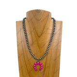 NKY241010-02-BLUE                16'' Silver Navajo pearl Beads with blue turquoise stone squash blassom pendant Necklace