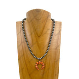 NKY241010-02-BLUE                16'' Silver Navajo pearl Beads with blue turquoise stone squash blassom pendant Necklace