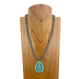 NKY241126-05            21''Silver Navajo pearl beads with blue turquoise stone teardrop pendent Necklace