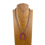 NKY241126-16     23'' Copper Navajo pearl beads with hot pink stone horse shoe pendent Necklace