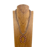 NKY241126-16     23'' Copper Navajo pearl beads with hot pink stone horse shoe pendent Necklace