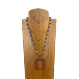 NKY241126-16     23'' Copper Navajo pearl beads with hot pink stone horse shoe pendent Necklace