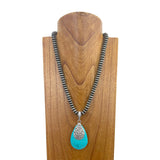 NKY241126-21           21'' Silver Navajo pearl beads with blue turquoise teardrop pendent Necklace