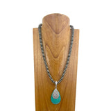 NKY241126-21           21'' Silver Navajo pearl beads with blue turquoise teardrop pendent Necklace