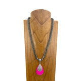 NKY241126-21           21'' Silver Navajo pearl beads with blue turquoise teardrop pendent Necklace