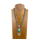 NKY241126-25             21'' Silver Navajo pearl beads with blue turquoise oval pendent Necklace