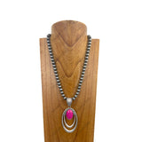 NKY241126-25             21'' Silver Navajo pearl beads with blue turquoise oval pendent Necklace