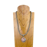 NKY241221-09          23'' Silver Navajo pearl beads with circle western design  pendent Necklace