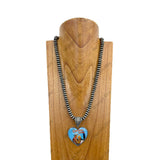 NKY241221-17              24'' Silver Navajo pearl beads with western design heart pendent Necklace