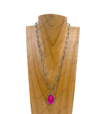 NKY250109-04                   19 inches Silver metal chain with hot pink crystal teardrop pendent Necklace (Copy)