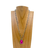 NKY250109-04                   19 inches Silver metal chain with hot pink crystal teardrop pendent Necklace (Copy)