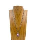 NKY250109-04                   19 inches Silver metal chain with hot pink crystal teardrop pendent Necklace (Copy)