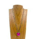 NKY250109-10                19 inches silver metal chain with hot pink crystal heart pendent Necklace