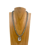 NKY250109-13                18 inches silver Navajo pearl beads with rectangle clear crystal pendent Necklace