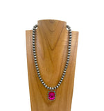 NKY250109-16           18 inches silver Navajo pearl beads with rectangle hot pink crystal pendent Necklace