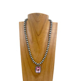 NKY250109-16           18 inches silver Navajo pearl beads with rectangle hot pink crystal pendent Necklace