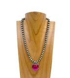 NKY250109-22                 18 inches silver Navajo pearl beads with hot pink crystal heart pendent Necklace