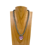 NKY250109-22                 18 inches silver Navajo pearl beads with hot pink crystal heart pendent Necklace