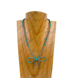 NKY250109-25               16 inches silver Navajo pearl and green turquoise stone beads with butterfly tie Necklace