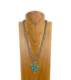 NKY250109-35          23 Inches silver Navajo pearl beads with blue turquoise stone cactus pendent Necklace