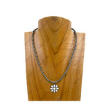 NKY250121-01                  4mm silver Navajo pearl beads with white stone flower concho pendant Necklace