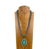 NKY250121-102         24 inches silver Navajo pearl beads with blue turquoise stone teardrop Necklace