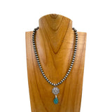 NKY250121-104           16 inches silver Navajo pearl beads with blue turquoise stone teardrop pendant Necklace