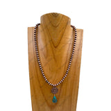 NKY250121-105           16 inches copper Navajo pearl beads with blue turquoise stone teardrop pendant Necklace