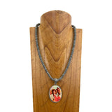 NKY250121-22          21 inches silver Navajo pearl beads with oval western cowgirl pendant Necklace