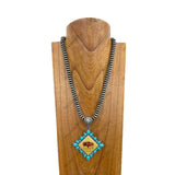 NKY250121-26           21 inches 10mm silver Navajo pearl beads with western buffalo pendant Necklace