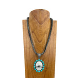 NKY250121-27             21 inches 10mm silver Navajo pearl beads with western cowboy pendant Necklace