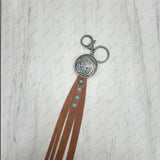 NKY250121-61               Silver metal buffalo with brown leather Key chain