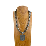 NKY250121-75          24 inches double silver Navajo pearl beads chain with silver metal Rodeo pendant Necklace
