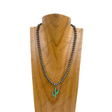 NKY250121-83            18 inches silver Navajo pearl beads with green cactus Necklace