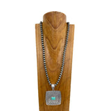 NKY250122-01          33 inches 10mm silver Navajo pearl beads with metal square pendant Necklace
