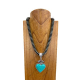 NKY250122-04            21 inches silver Navajo pearl beads with blue turquoise heart pendant Necklace
