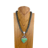 NKY250122-04            21 inches silver Navajo pearl beads with blue turquoise heart pendant Necklace