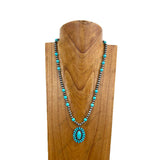 NKY250122-12              18 inches silver Navajo pearl and turquoise stone beads with oval turquoise pendant Necklace