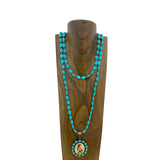 NKY250123-08          60 inches blue turquoise stone and brown sequin beads with oval cowgirl Pendant Necklace