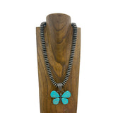 NKY250123-10          21 inches silver Navajo pearl beads with blue turquoise butterfly pendant Necklace