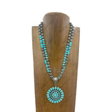 NKY250124-01          Silver Navajo pearl and blue turquoise beads with blue turquoise stone circle pendant Necklace