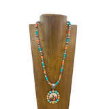 NKY250125-02         Silver Navajo pearl beads and muti color stone with oval western pendant Necklace