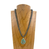 NKY250330-01           21 inches Silver roundel Navajo pearl beads with blue Turquoise stone Teardrop pendent Necklace