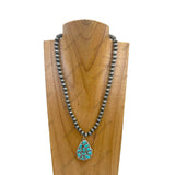 NKY250330-05           18 inches Silver roundel Navajo pearl beads with blue Turquoise stone Teardrop pendent Necklace
