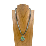 NKY250330-05           18 inches Silver roundel Navajo pearl beads with blue Turquoise stone Teardrop pendent Necklace
