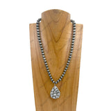 NKY250330-05           18 inches Silver roundel Navajo pearl beads with blue Turquoise stone Teardrop pendent Necklace