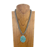 NKY250330-09            21 inches 10 mm Silver roundel Navajo pearl beads with blue Turquoise stone oval pendent Necklace