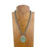 NKY250330-09            21 inches 10 mm Silver roundel Navajo pearl beads with blue Turquoise stone oval pendent Necklace