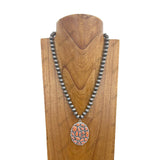 NKY250330-09            21 inches 10 mm Silver roundel Navajo pearl beads with blue Turquoise stone oval pendent Necklace